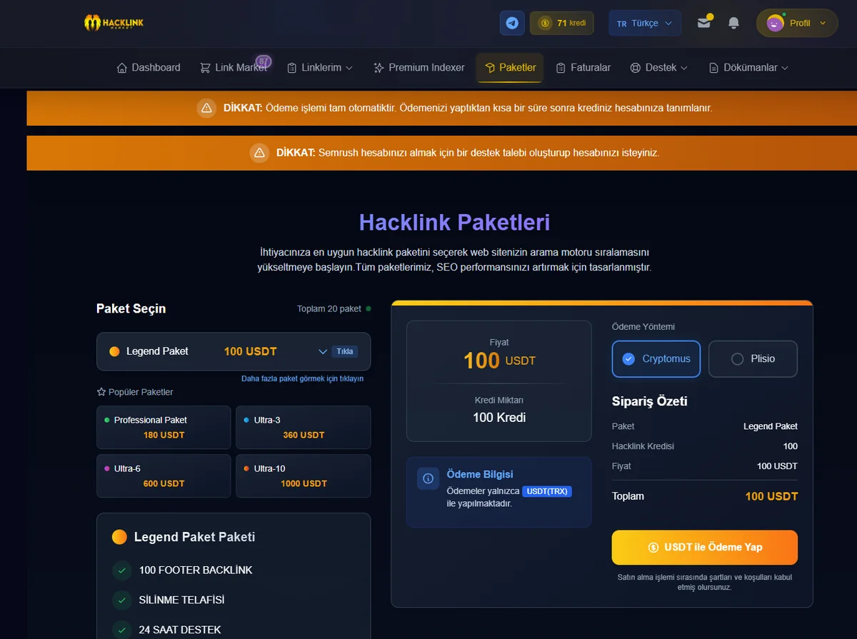 Hacklink paketleri ve fiyatları Hacklink paketleri ekranı: paket seçimi, kredi miktarı ve USDT ile ödeme