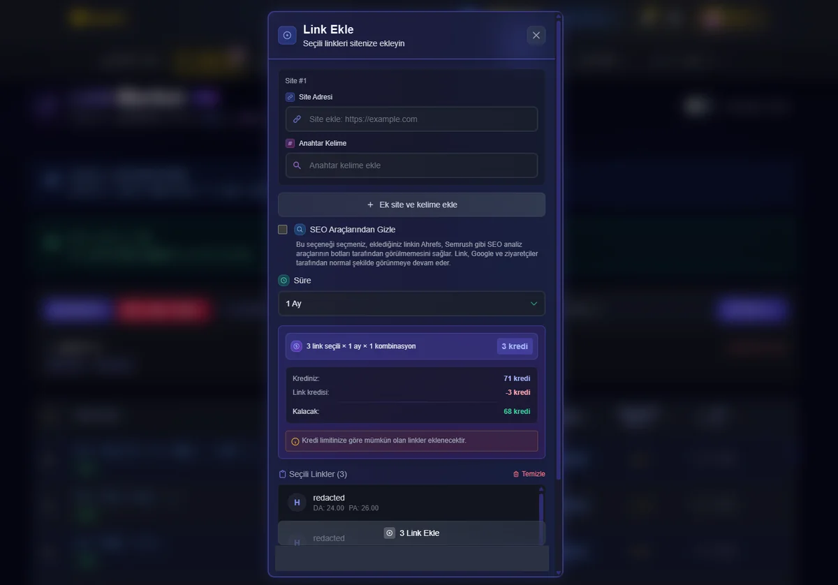 Hacklink panelinde link ekleme ekranı Hacklink panelinde link ekleme: site adresi, anahtar kelime, süre ve kredi hesabı