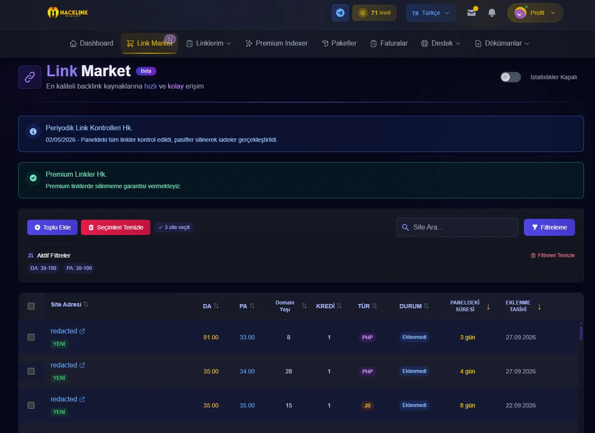 Hacklink paneli — Link Market ekranı Hacklink paneli Link Market ekranı: site listesi, DA, PA, domain yaşı, kredi ve link türü