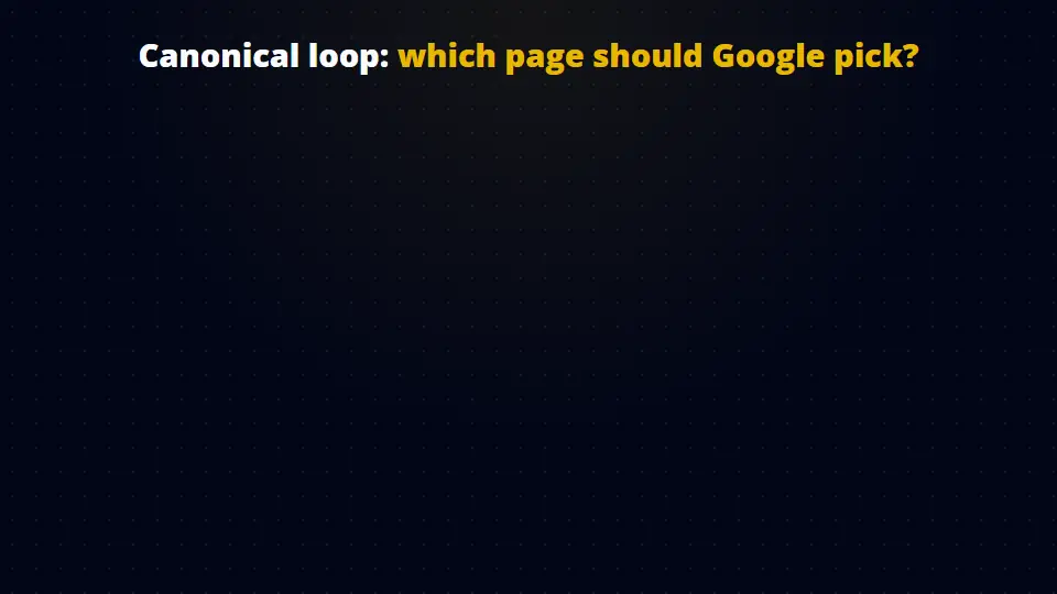 Canonical loop animation: page A points to B with a canonical, B redirects back to A with a 307, Googlebot is caught between them, then the correct setup