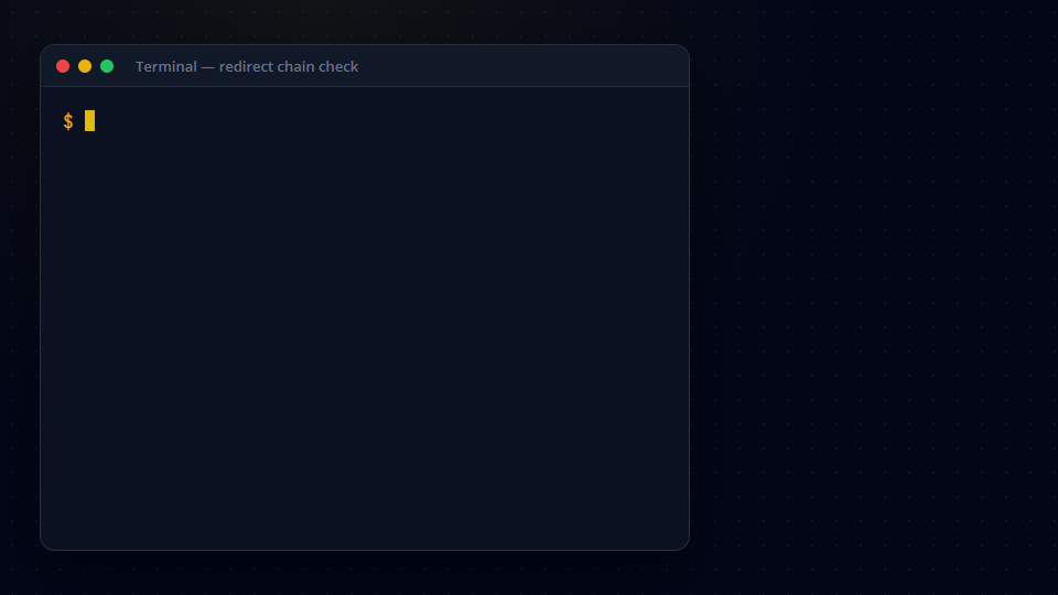 Checking a redirect chain with curl -IL: a chain that returns 200 after 301 and 302 hops, and a clean URL that returns 200 directly